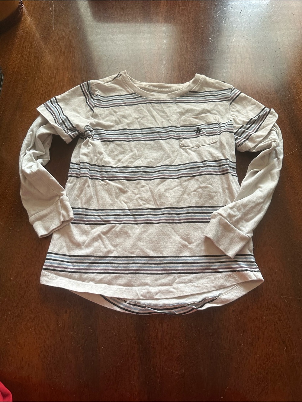 Volcom Kids Long Sleeve Striped Tee - White, Brown, Black & Navy Stripes pressed